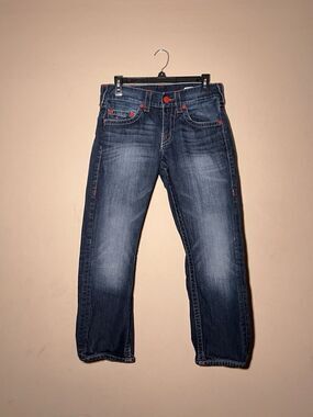 True Religion Runstitch Red Slim Natural Cropped Blue Jeans Men's Size 30x25